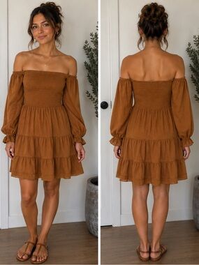 J GEE Camel‎ Smocked Off Shoulder Tiered Midi Dress Boho Cottagecore PS